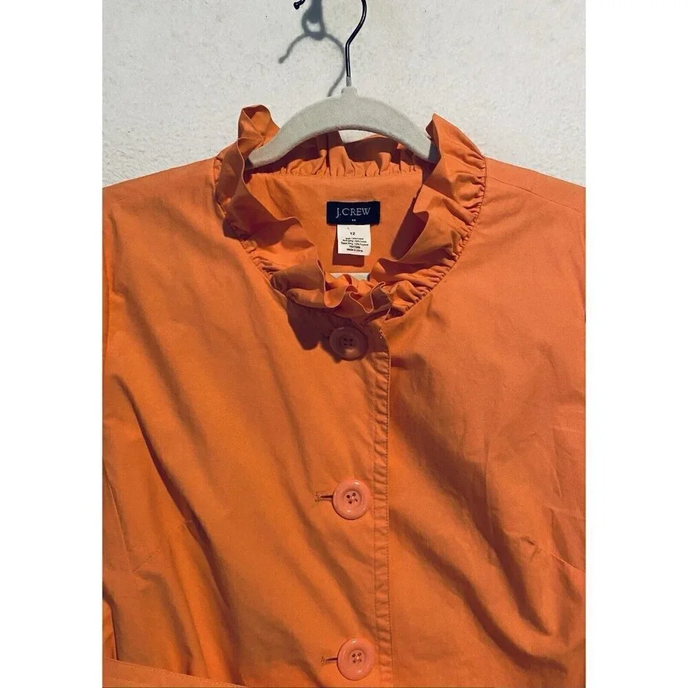 J Crew Coat Womens 12 Orange Frenchie Slicker Ruffle Belted Pockets Cottagecore